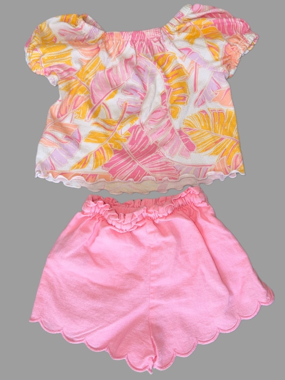 Tropical Top with Pink Scallop Shorts Set | Toddler Girl | 12-18M | Like New - Picture 2 of 4